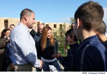 Prime Minister Robert Abela and Minister Miriam Dalli with students at White Rocks for the launch of the ‘Shape your space’ public consultation